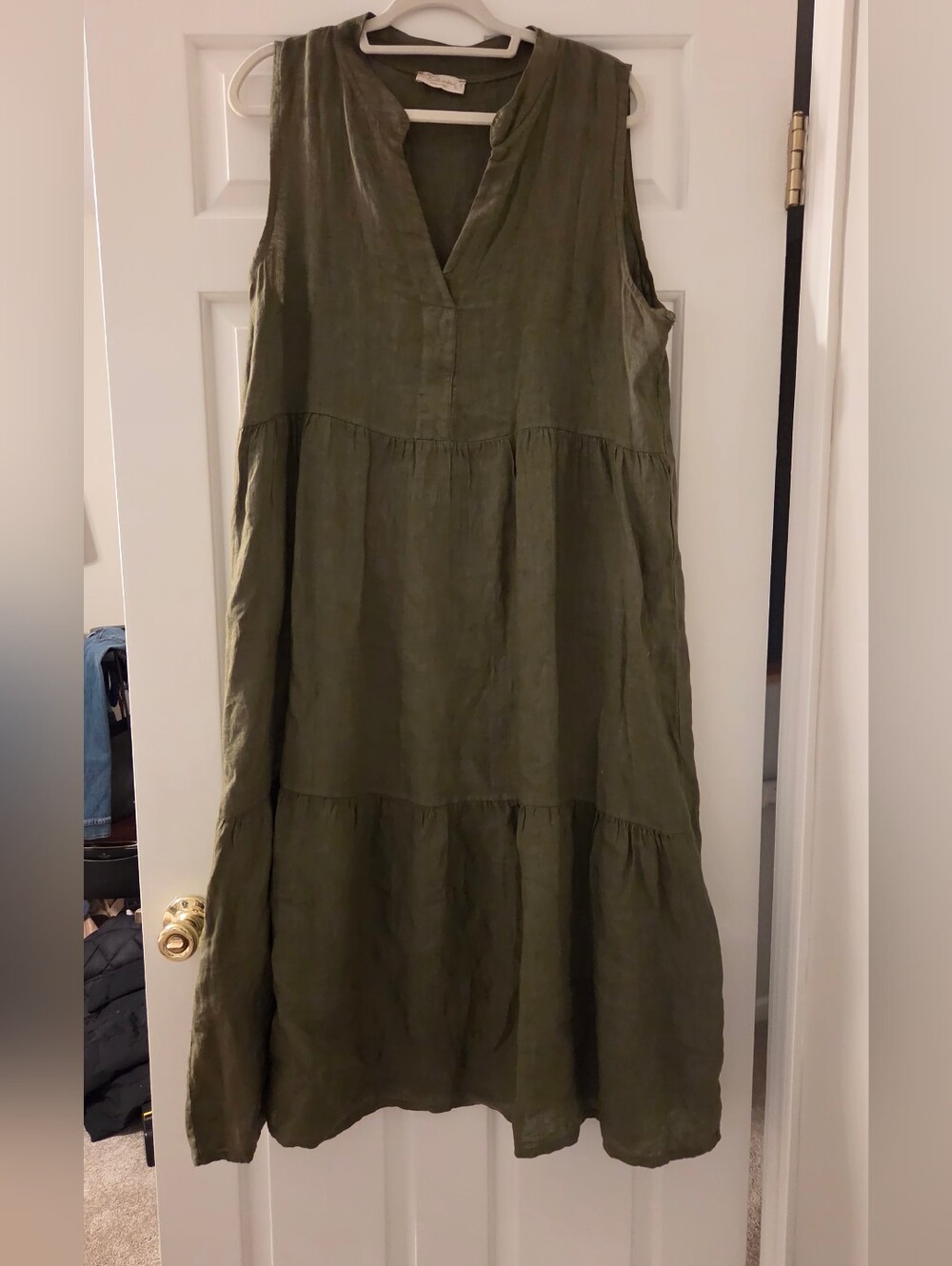 Bellambra Made in Italy 100% Linen Tiered Maxi Dress Olive Green Boho XL